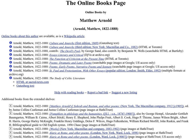 Digital Library: The Works of Matthew Arnold Handout Digital Library: The Works of Matthew Arnold Handout