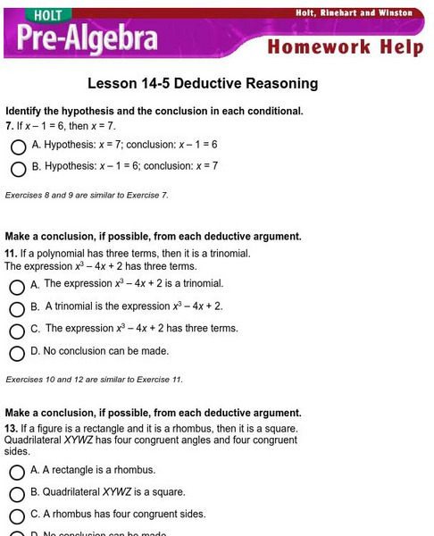 Holt, Rinehart and Winston: Homework Help Independent Practice: Deductive Reasoning Unknown Type Holt, Rinehart and Winston: Homework Help Independent Practice: Deductive Reasoning Unknown Type