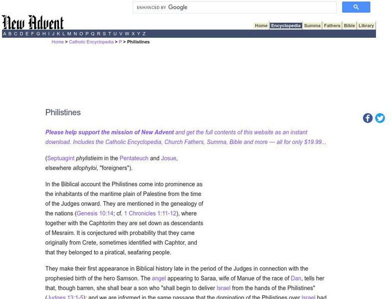 Catholic Encyclopedia: Philistines Handout Catholic Encyclopedia: Philistines Handout