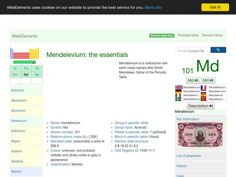 Web Elements Periodic Table: Mendelevium Handout