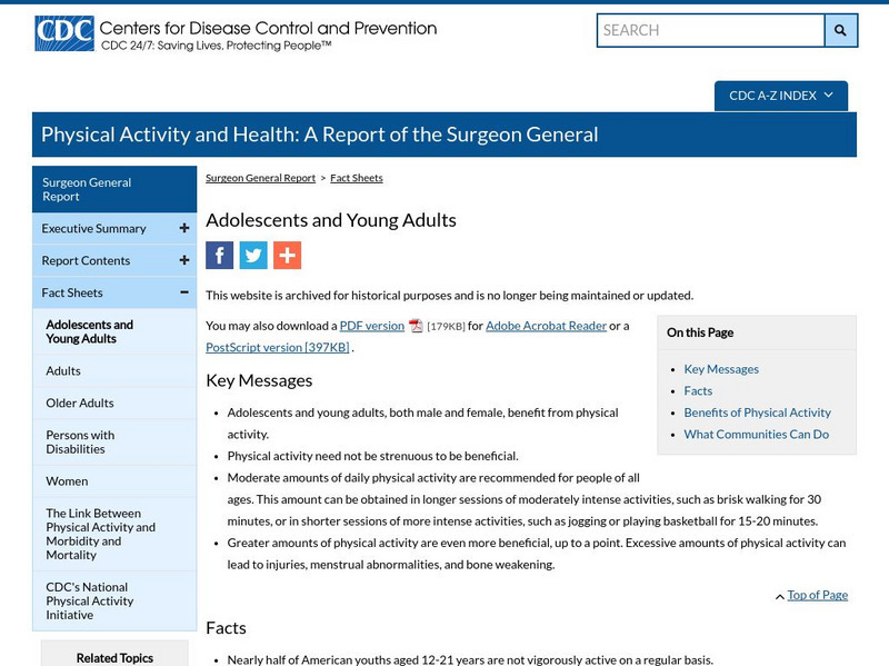 Centers for Disease Control: Physical Activity & Health: Adolescents & Young Adults Activity Centers for Disease Control: Physical Activity & Health: Adolescents & Young Adults Activity