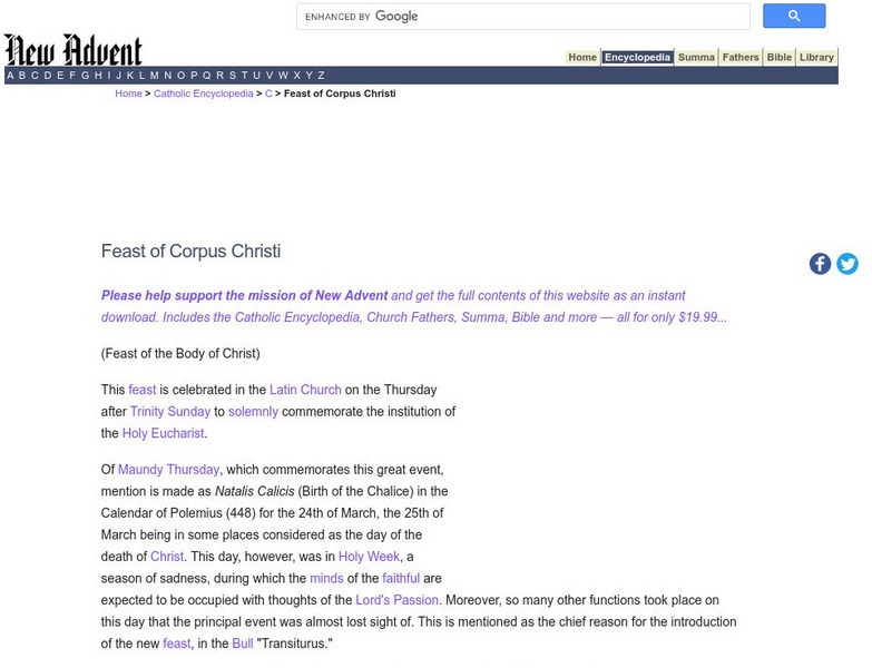 Catholic Encyclopedia: Feast of Corpus Christi Handout Catholic Encyclopedia: Feast of Corpus Christi Handout