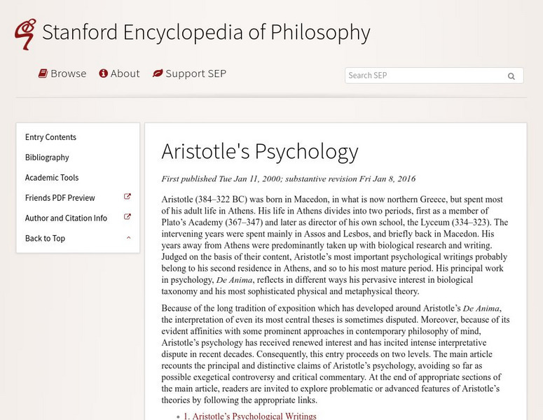Stanford Encyl. Of Philosophy: Aristotle's Psychology Handout Stanford Encyl. Of Philosophy: Aristotle's Psychology Handout