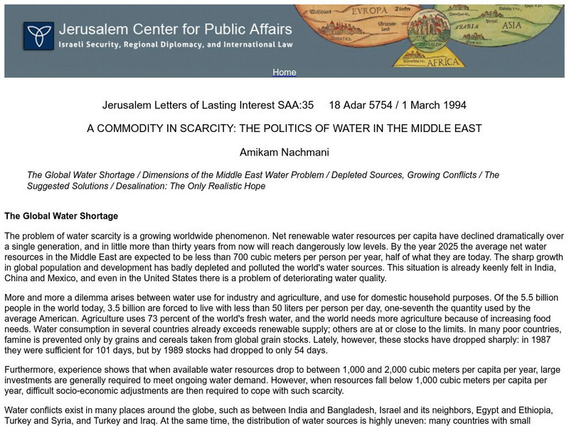 Jcpa: A Commodity in Scarcity: Politics of Water in the Middle East Primary Jcpa: A Commodity in Scarcity: Politics of Water in the Middle East Primary