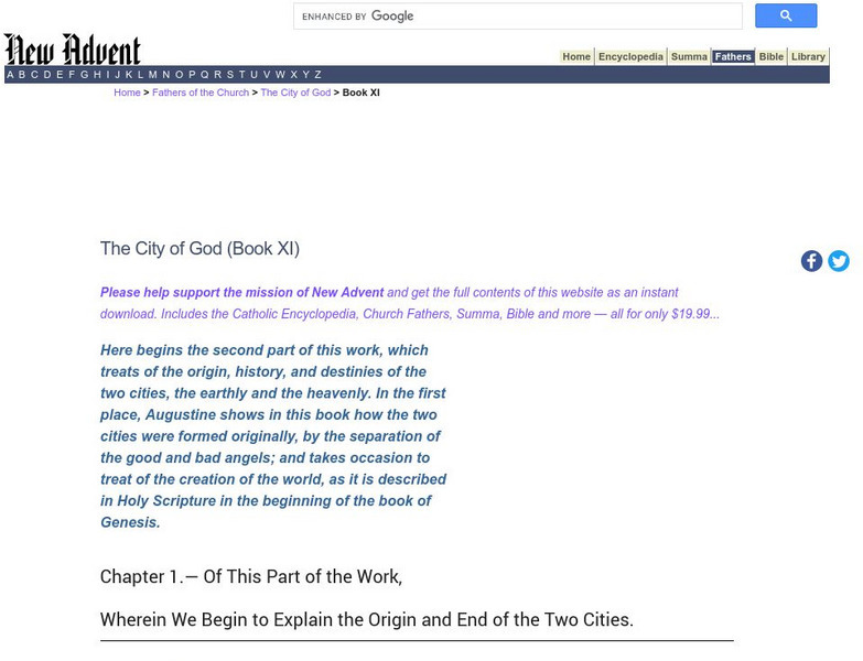 Catholic Encyclopedia: Book 11 of Augustine's "The City of God" Handout
