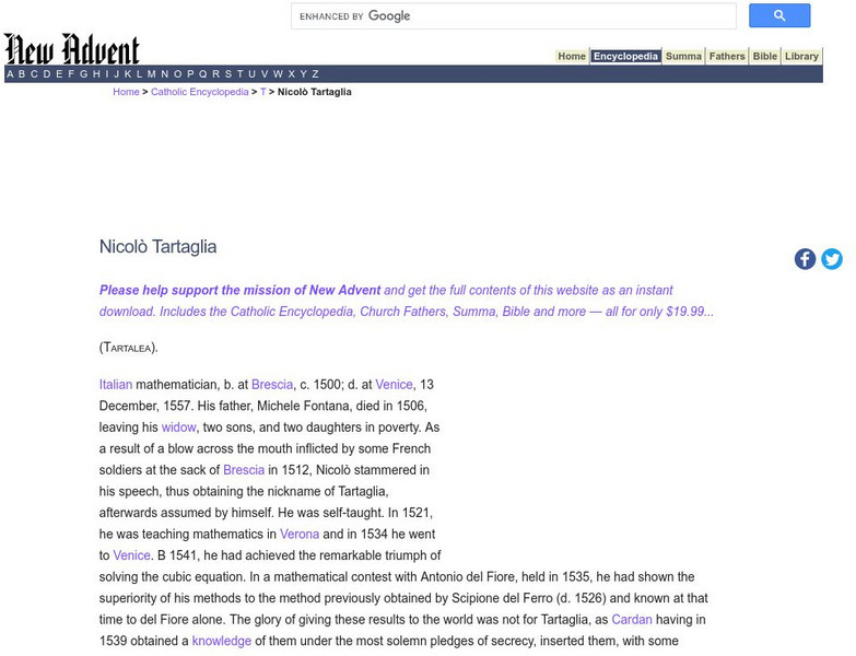 Catholic Encyclopedia: Nicolo Tartaglia Handout