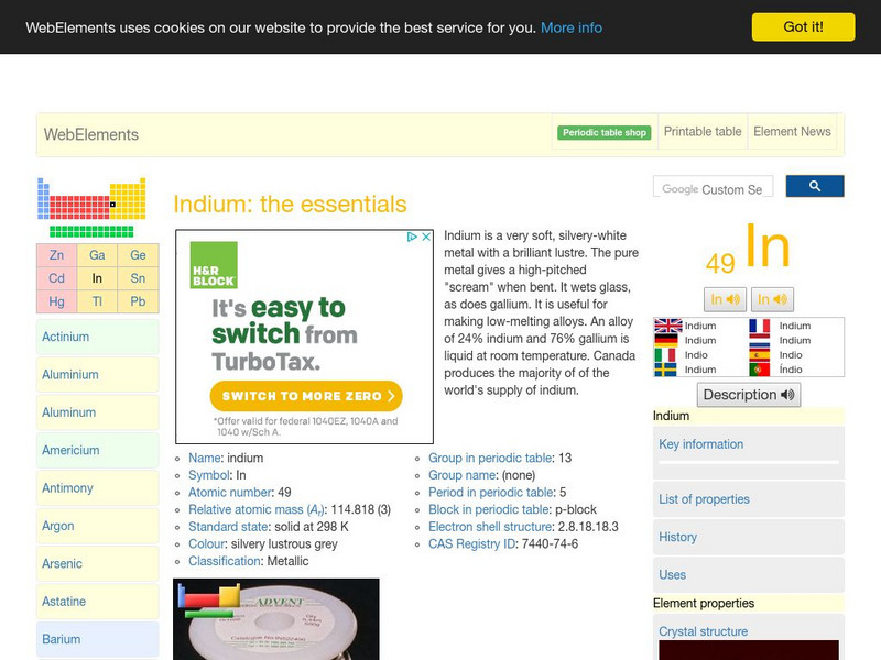 Web Elements Periodic Table: Indium Handout Web Elements Periodic Table: Indium Handout