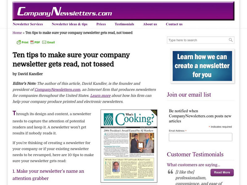 Ten Tips for Company Newsletters Article Ten Tips for Company Newsletters Article