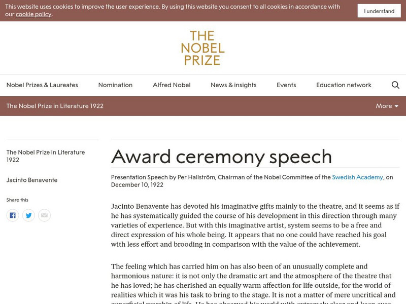 The Nobel Prize: The Nobel Prize in Literature 1922 Award Ceremony Speech Primary The Nobel Prize: The Nobel Prize in Literature 1922 Award Ceremony Speech Primary