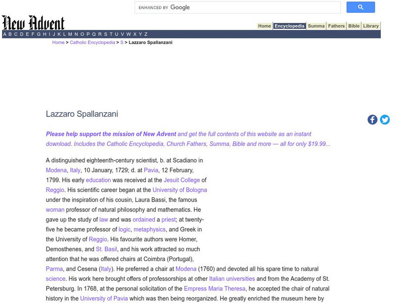 Catholic Encyclopedia: Lazzaro Spallanzani Handout Catholic Encyclopedia: Lazzaro Spallanzani Handout