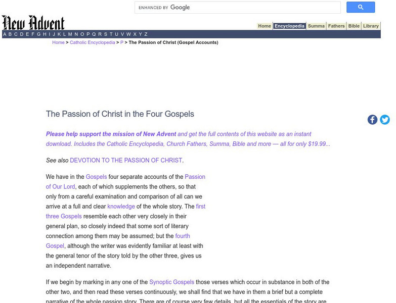 Catholic Encyclopedia: Passion of Jesus Christ in the Four Gospels Handout