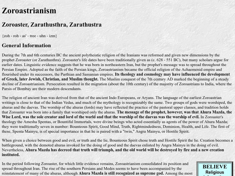 Believe: Zoroastrianism: General Information Handout