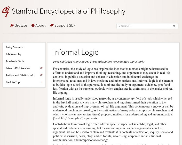 Informal Logic/stanford Encyclopedia of Philosophy Handout Informal Logic/stanford Encyclopedia of Philosophy Handout