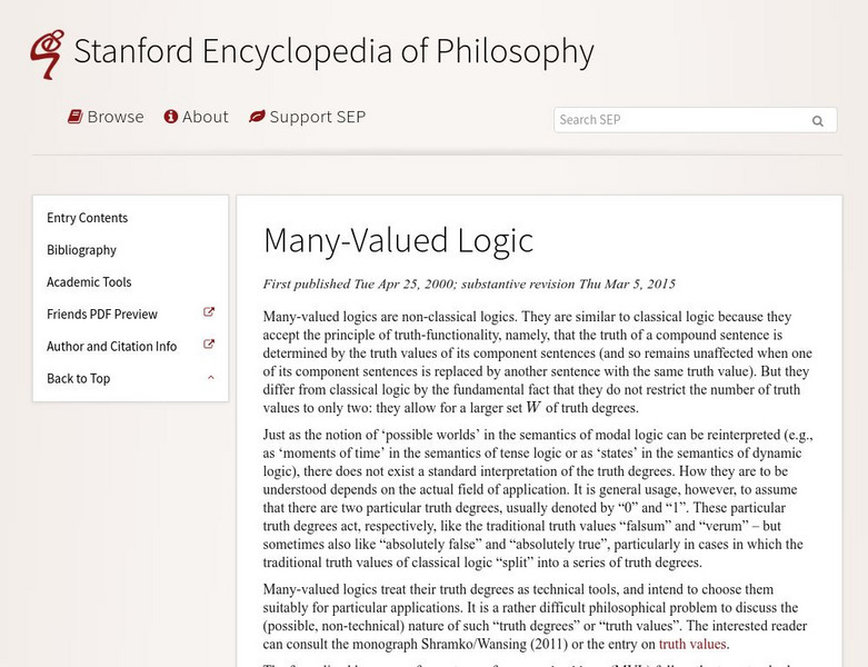 Many Valued Logic/stanford Encyclopedia of Philosophy Handout Many Valued Logic/stanford Encyclopedia of Philosophy Handout