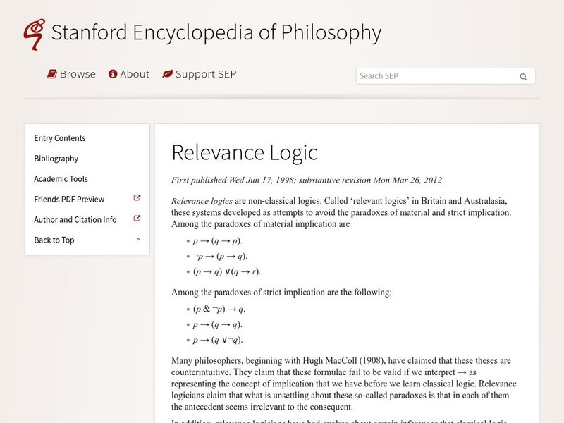 Relevance Logic/stanford Encyclopedia of Philosophy Handout Relevance Logic/stanford Encyclopedia of Philosophy Handout