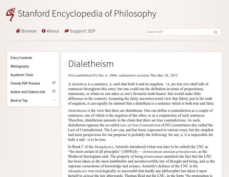 Stanford Encyclopedia of Philosophy: Dialetheism Handout Stanford Encyclopedia of Philosophy: Dialetheism Handout