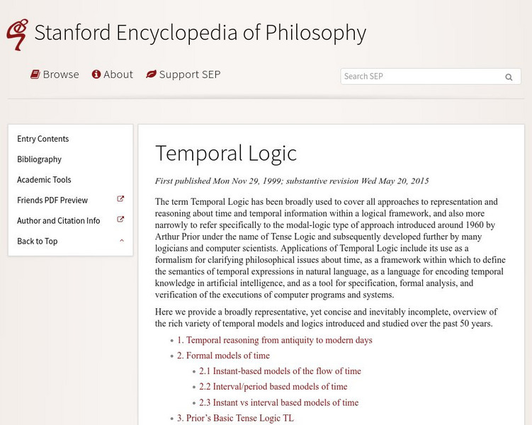Temporal Logic/stanford Encyclopedia of Philosophy Handout Temporal Logic/stanford Encyclopedia of Philosophy Handout