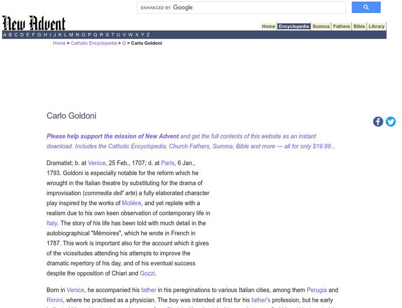 Catholic Encyclopedia: Carlo Goldoni Handout Catholic Encyclopedia: Carlo Goldoni Handout