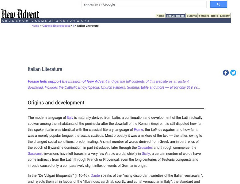 Catholic Encyclopedia: Italian Literature Handout Catholic Encyclopedia: Italian Literature Handout