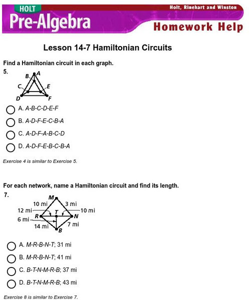 Holt, Rinehart and Winston: Homework Help Independent Practice: Hamiltonian Circuits Unknown Type Holt, Rinehart and Winston: Homework Help Independent Practice: Hamiltonian Circuits Unknown Type