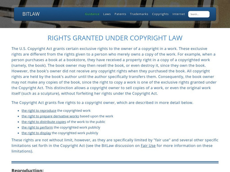 Bitlaw: Rights Granted Under Copyright Law Article Bitlaw: Rights Granted Under Copyright Law Article