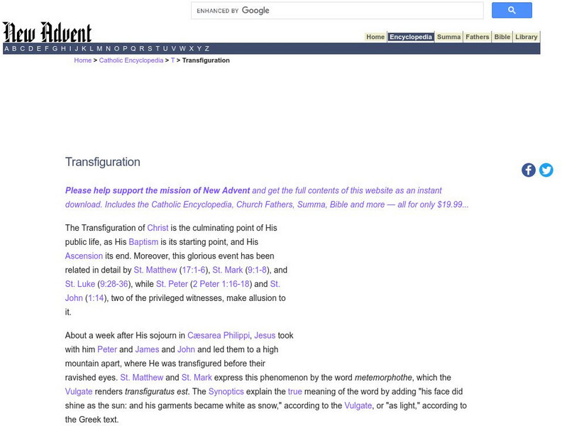 Catholic Encyclopedia: Transfiguration Handout