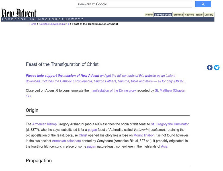 Catholic Encyclopedia: Feast of the Transfiguration of Christ Handout