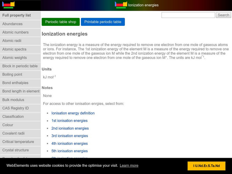 Web Elements Periodic Table: Ionization Energy Handout Web Elements Periodic Table: Ionization Energy Handout