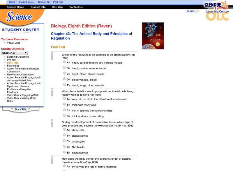 Glencoe: Biology: The Animal Body and Principles of Regulation Post Test Unknown Type Glencoe: Biology: The Animal Body and Principles of Regulation Post Test Unknown Type