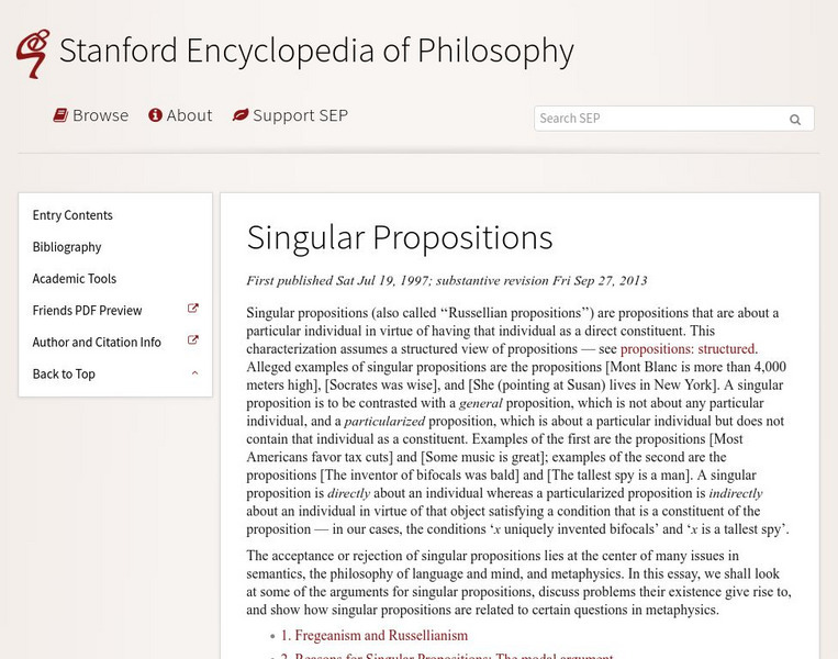 Stanford Encyclopedia of Philosophy: Singular Propositions Website Stanford Encyclopedia of Philosophy: Singular Propositions Website