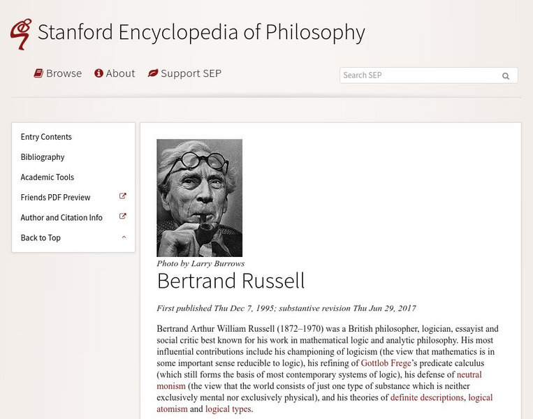 Stanford Encyclopedia of Philosophy: Bertrand Russell Website Stanford Encyclopedia of Philosophy: Bertrand Russell Website
