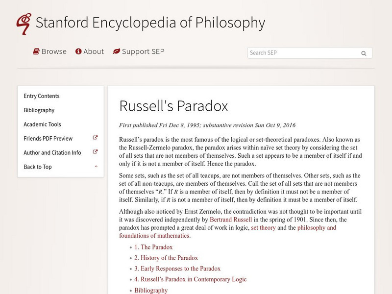 Stanford Encyclopedia of Philosophy: Russell's Paradox Website Stanford Encyclopedia of Philosophy: Russell's Paradox Website