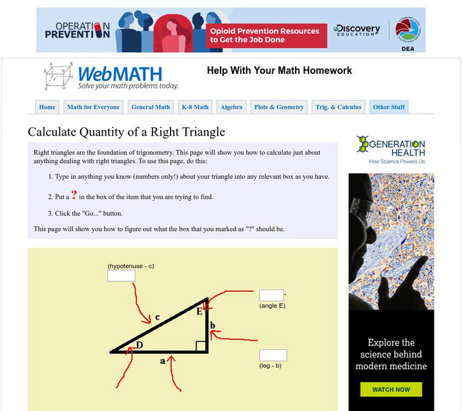 Discovery Education: Web Math: Calculate a Right Triangle Interactive Discovery Education: Web Math: Calculate a Right Triangle Interactive