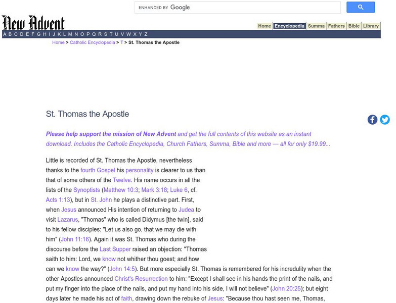 Catholic Encyclopedia: St. Thomas the Apostle Handout