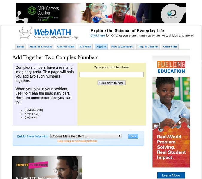 Discovery Education: Web Math: Adding Complex Numbers Activity Discovery Education: Web Math: Adding Complex Numbers Activity