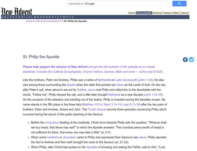Catholic Encyclopedia: St. Philip the Apostle Handout