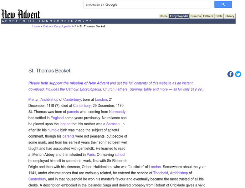 Catholic Encyclopedia: St. Thomas Becket Handout