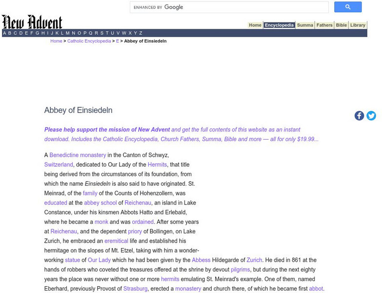 Catholic Encyclopedia: Abbey of Einsiedeln Handout