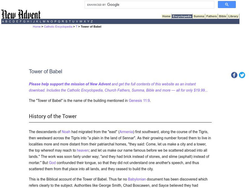 Catholic Encyclopedia: Tower of Babel Handout Catholic Encyclopedia: Tower of Babel Handout