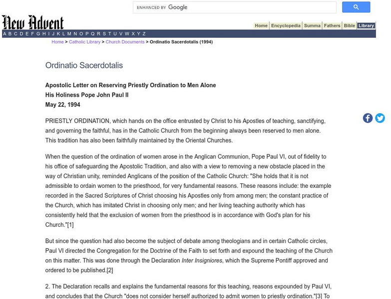 Catholic Encyclopedia: Pope John Paul Ii: Ordinatio Sacerdotalis Handout Catholic Encyclopedia: Pope John Paul Ii: Ordinatio Sacerdotalis Handout