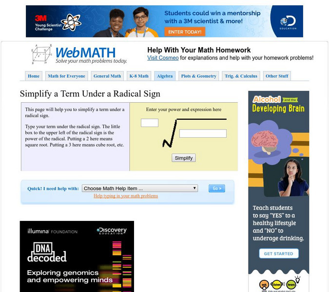 Discovery Education: Web Math: Simplify a Term Under a Radical Sign Activity Discovery Education: Web Math: Simplify a Term Under a Radical Sign Activity