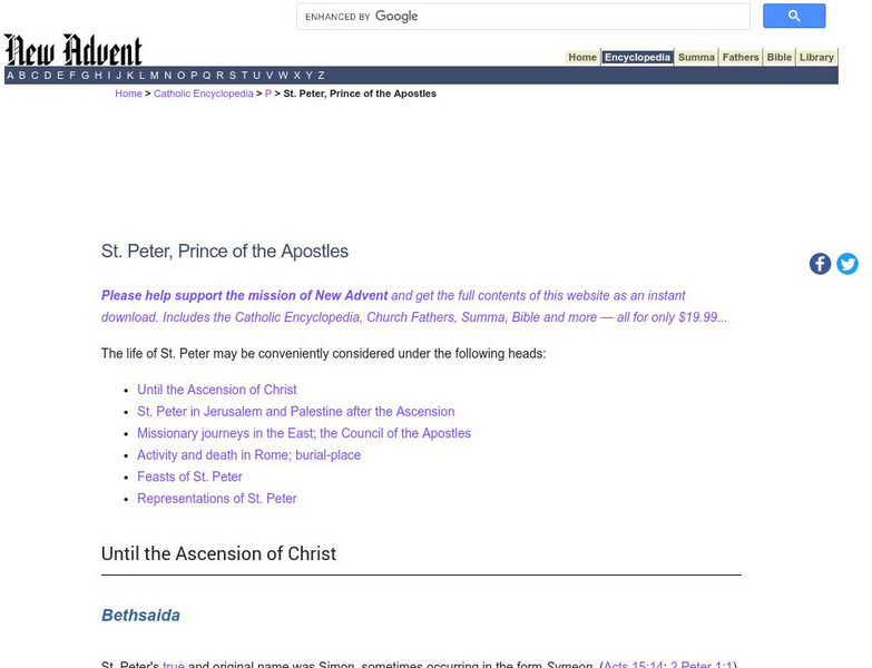 Catholic Encyclopedia: St. Peter, Prince of the Apostles Handout Catholic Encyclopedia: St. Peter, Prince of the Apostles Handout