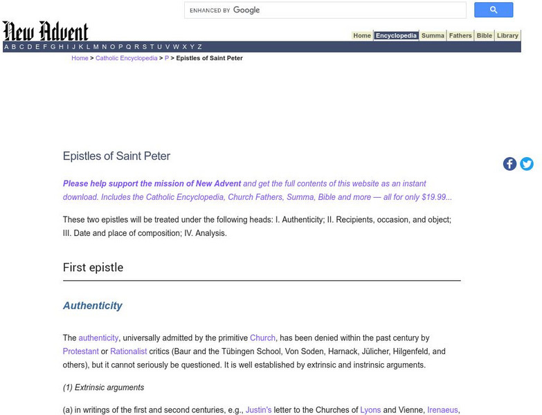 Catholic Encyclopedia: Epistles of St. Peter Handout Catholic Encyclopedia: Epistles of St. Peter Handout