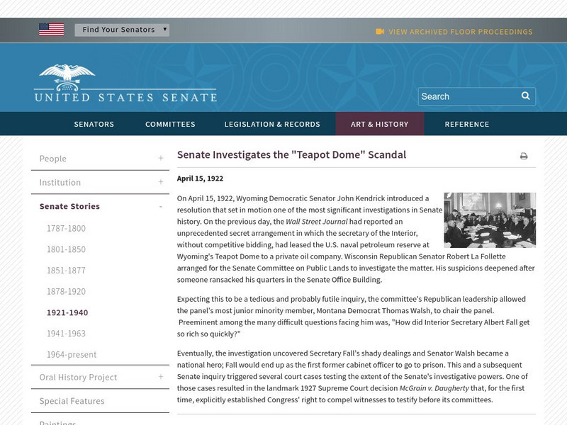 Historic Minute Essays: Senate Investigates the Teapot Dome Scandal Handout Historic Minute Essays: Senate Investigates the Teapot Dome Scandal Handout