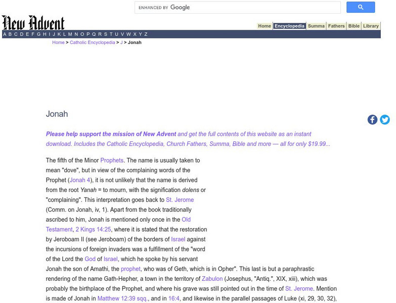 Catholic Encyclopedia: The Book of Jonah Handout