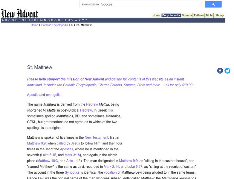 Catholic Encyclopedia: St. Matthew Handout