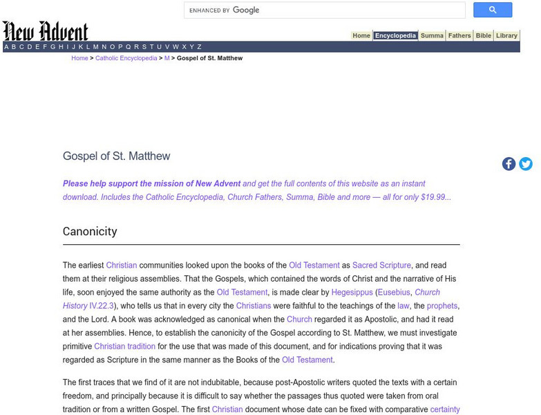 Catholic Encyclopedia: The Gospel of Matthew Handout Catholic Encyclopedia: The Gospel of Matthew Handout