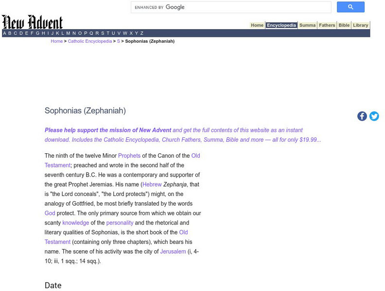Catholic Encyclopedia: Sophonias (Zephaniah) Handout