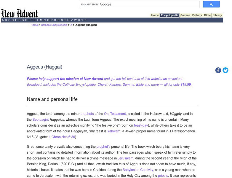 Catholic Encyclopedia: Haggai (Aggeus) Handout Catholic Encyclopedia: Haggai (Aggeus) Handout
