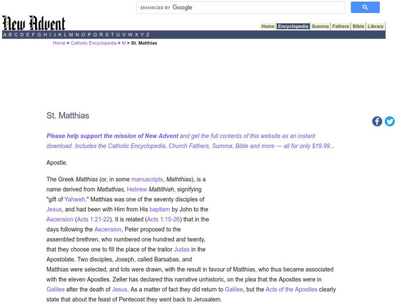 Catholic Encyclopedia: St. Matthias Handout